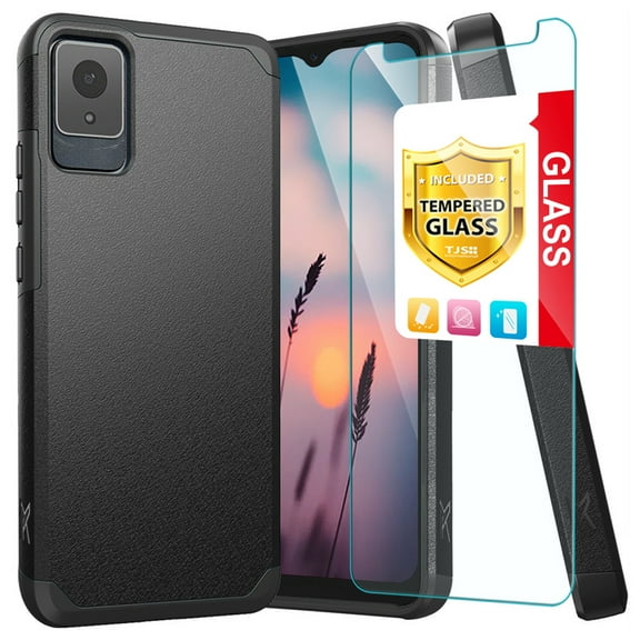 TJS for TCL K11 T432W / TCL 502 Phone Case, with Tempered Glass Screen Protector, Dual Layer Hybrid Magnetic Support Shockproof Heavy Duty Cover (Black)