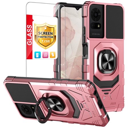 TJS for TCL K24 (T434D) / K23 Phone Case, with Tempered Glass Screen Protector, [Military Grade] Robotic Magnetic Support Car Mount Metal Ring Holder Kickstand Cover (Rose Gold)
