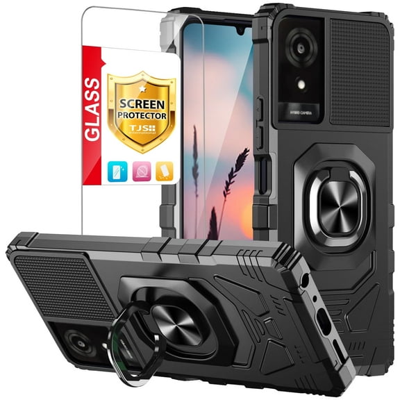 TJS for TCL K24 (T434D) / K23 Phone Case, with Tempered Glass Screen Protector, [Military Grade] Robotic Magnetic Support Car Mount Metal Ring Holder Kickstand Cover (Black)