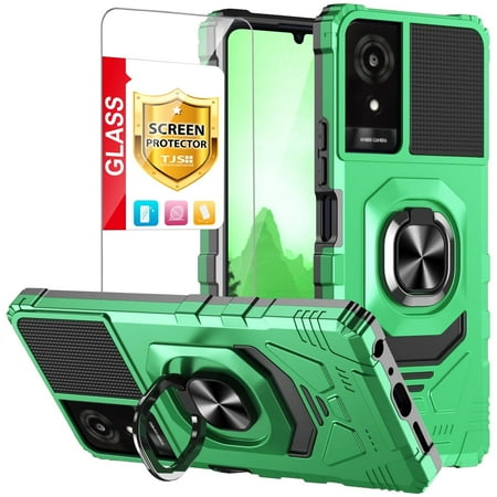 TJS for TCL K24 (T434D) / K23 Phone Case, with Tempered Glass Screen Protector, [Military Grade] Robotic Magnetic Support Car Mount Metal Ring Holder Kickstand Cover (Green)