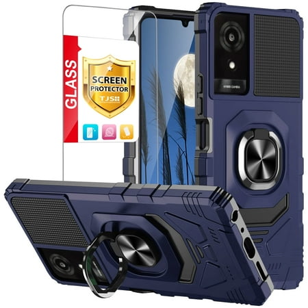 TJS for TCL K24 (T434D) / K23 Phone Case, with Tempered Glass Screen Protector, [Military Grade] Robotic Magnetic Support Car Mount Metal Ring Holder Kickstand Cover (Blue)