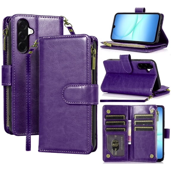 TJS Wallet Case for Samsung Galaxy S26 FE, Luxury Wallet Card ID Zipper Money Holder Cover (Purple)
