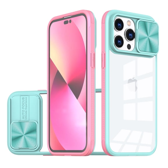 TJS for Apple iPhone 14 Phone Case, Slide Camera Cover Full Body Bumper Protective Clear Cover (Pink/Blue)