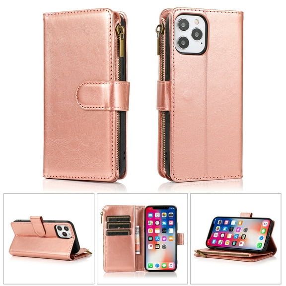 TJS for Apple iPhone 14 Pro Max Phone Case, Luxury Wallet Card ID Zipper Money Holder Cover (Rose Gold)