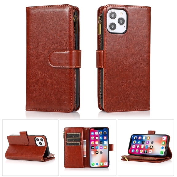 TJS for Apple iPhone 15 Pro Max Phone Case, Luxury Wallet Card ID Zipper Money Holder Cover (Brown)