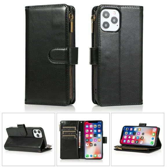 TJS for Apple iPhone 8 Plus/7 Plus Phone Case, Luxury Wallet Card ID Zipper Money Holder Cover (Black)