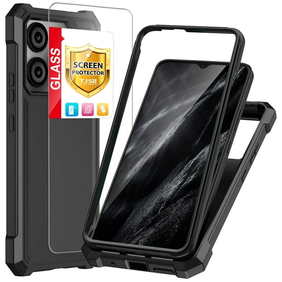 TJS for BLU View 5 (B610V) / BLU F5 5G Phone Case, with Tempered Glass Screen Protector, Full Body Protective Heavy Duty Hybrid Bumper Cover (Black)