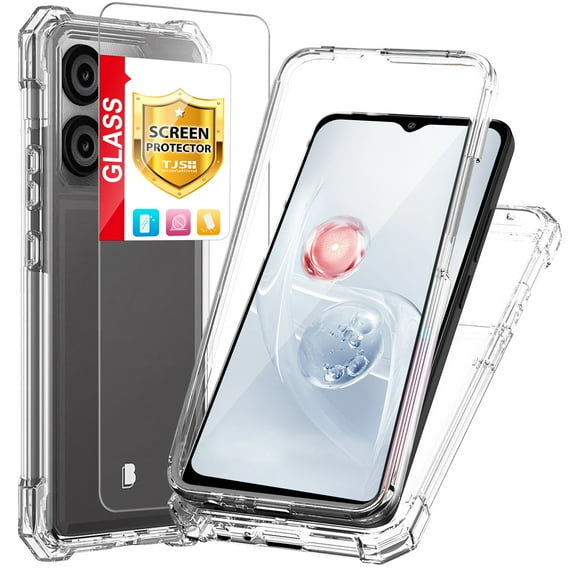TJS for BLU View 5 (B610V) / BLU F5 5G Phone Case, with Tempered Glass Screen Protector, Full Body Protective Heavy Duty Hybrid Bumper Cover (Clear)