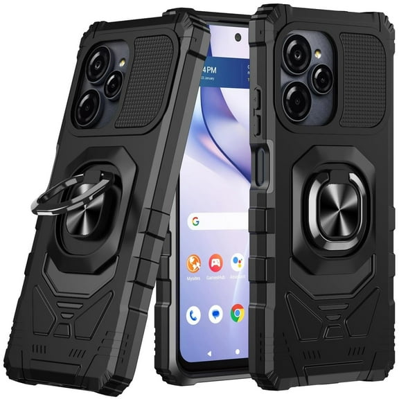 TJS for BLU View Speed Ultra 5G 2025 Phone Case, Military Grade Robotic Magnetic Support Car Mount Metal Ring Holder Kickstand Cover (Black)