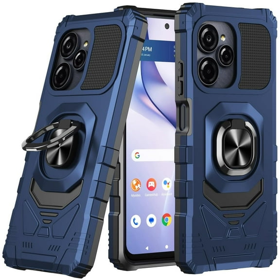 TJS for BLU View Speed Ultra 5G 2025 Phone Case, Military Grade Robotic Magnetic Support Car Mount Metal Ring Holder Kickstand Cover (Blue)
