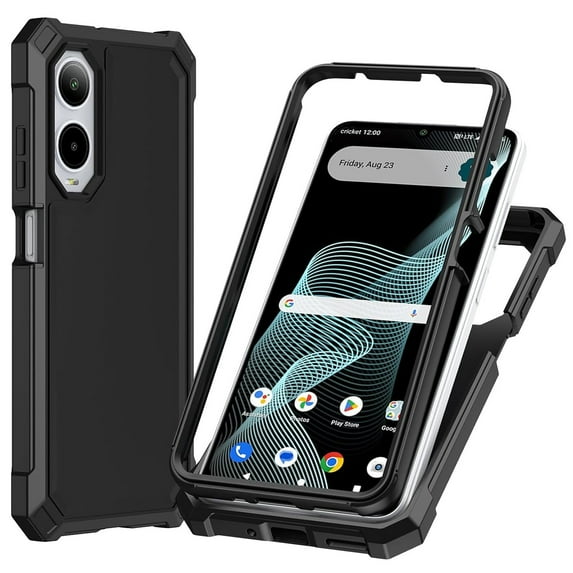 TJS for Cricket Debut S3 Phone Case, Full Body Protective Heavy Duty Hybrid Bumper Cover (Black)