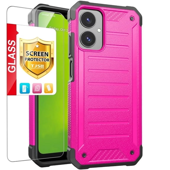TJS for Cricket Icon 2026 / AT&T Propel 3 5G Phone Case, with Tempered Glass Screen Protector, Tough Lined Design Hybrid Shockproof Protection Cover (Pink)