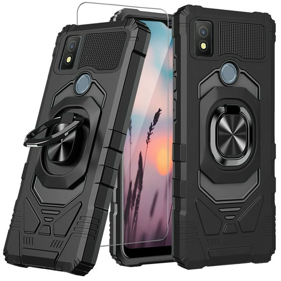 TJS for Cricket Icon 4 Phone Case, [Military Grade] Robotic Magnetic Support Car Mount Metal Ring Holder Kickstand Cover (Black)