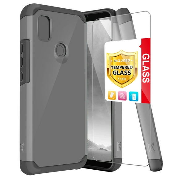 TJS for Cricket Icon 4 Phone Case, with Tempered Glass Screen Protector, Magnetic Support Dual Layer Drop Protection Impact Rugged Armor Cover (Gray)