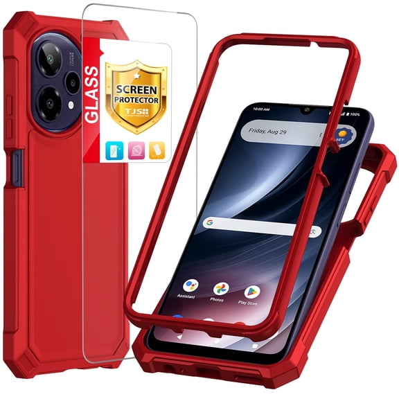 TJS for Cricket Icon PLUS 2026 / AT&T Verge 2 Phone Case, with Tempered Glass Screen Protector, Full Body Protective Heavy Duty Hybrid Bumper Cover (Red)