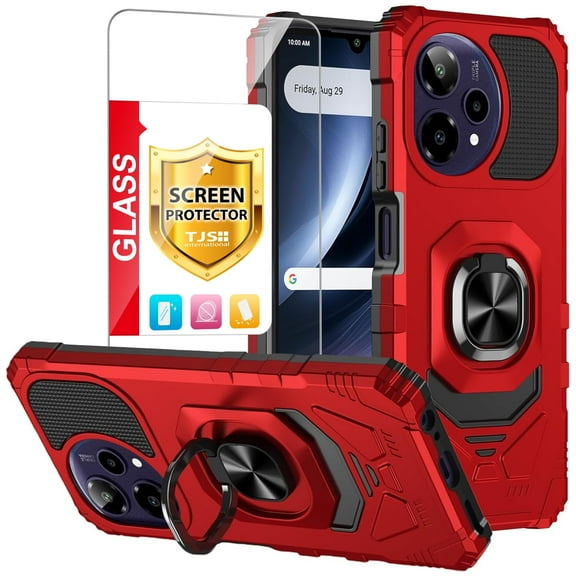 TJS for Cricket Icon PLUS 2026 / AT&T Verge 2 Phone Case, with Tempered Glass Screen Protector, [Military Grade] Robotic Magnetic Support Car Mount Metal Ring Holder Kickstand Cover (Red)