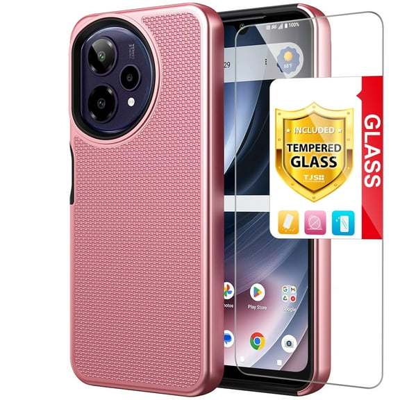 TJS for Cricket Icon PLUS 2026 / AT&T Verge 2 Phone Case, with Tempered Glass Screen Protector, Slim Dual Layer Hybrid Shockproof Rugged Phone Cover (Rose Gold)