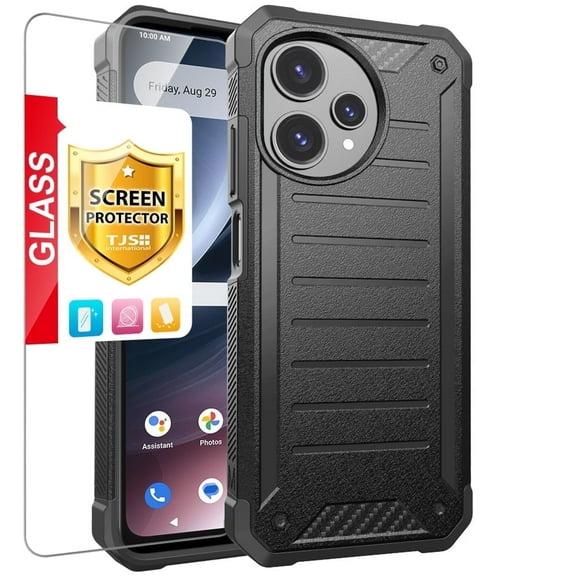 TJS for Cricket Icon PLUS 2026 / AT&T Verge 2 Phone Case, with Tempered Glass Screen Protector, Tough Lined Design Hybrid Shockproof Protection Cover (Black)