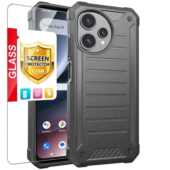 TJS for Cricket Icon PLUS 2026 / AT&T Verge 2 Phone Case, with Tempered Glass Screen Protector, Tough Lined Design Hybrid Shockproof Protection Cover (Gray)