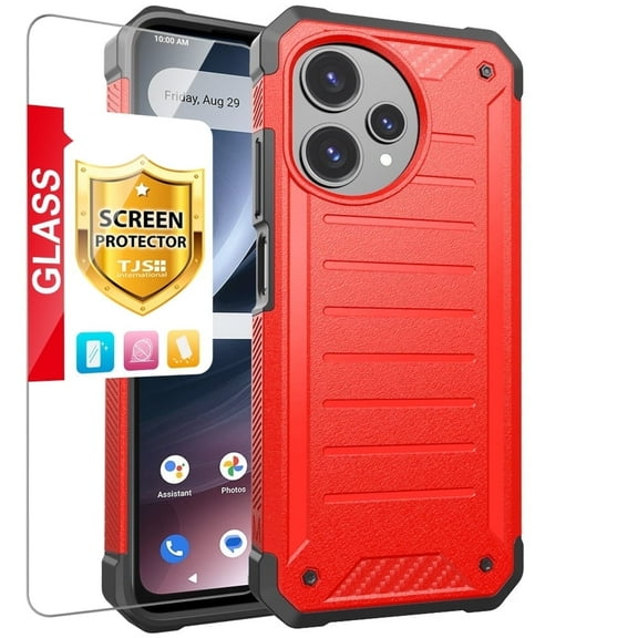 TJS for Cricket Icon PRO 2026 / AT&T Motivate Pro 2 5G, with Tempered Glass Screen Protector, Tough Lined Design Hybrid Shockproof Protection Cover (Red)