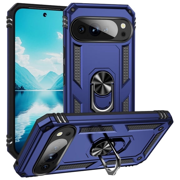 TJS for Google Pixel 10 Pro XL (XL Version Only) Phone Case, Impact Resistant Metal Ring Magnetic Support Kickstand Drop Protector Cover (Blue)