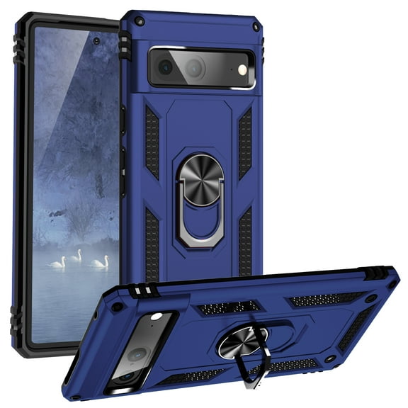 TJS for Google Pixel 7 Case, Impact Resistant Metal Ring Magnetic Support Kickstand Drop Protector Phone Cover (Blue)