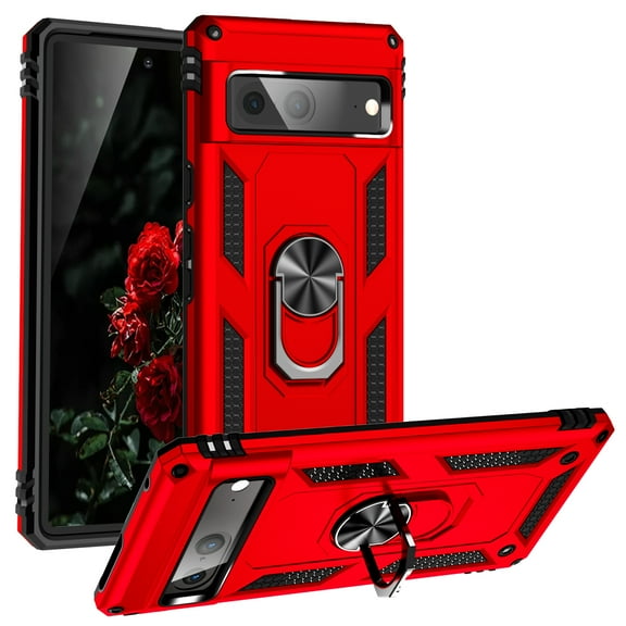 TJS for Google Pixel 7 Case, Impact Resistant Metal Ring Magnetic Support Kickstand Drop Protector Phone Cover (Red)