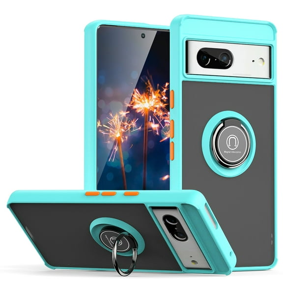 TJS for Google Pixel 7 Phone Case, 360 Degrees Rotating Metal Ring Magnetic Support Kickstand Cover Case for Pixel 7 (Blue)