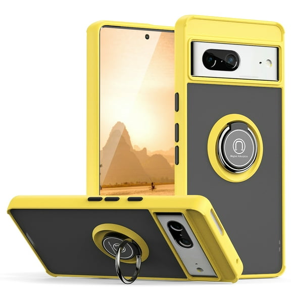TJS for Google Pixel 7 Phone Case, 360 Degrees Rotating Metal Ring Magnetic Support Kickstand Cover Case for Pixel 7 (Yellow)