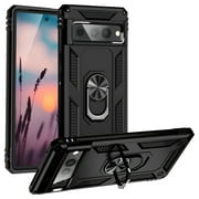 TJS for Google Pixel 7 Pro Case, Impact Resistant Metal Ring Magnetic Support Kickstand Drop Protector Phone Cover Black