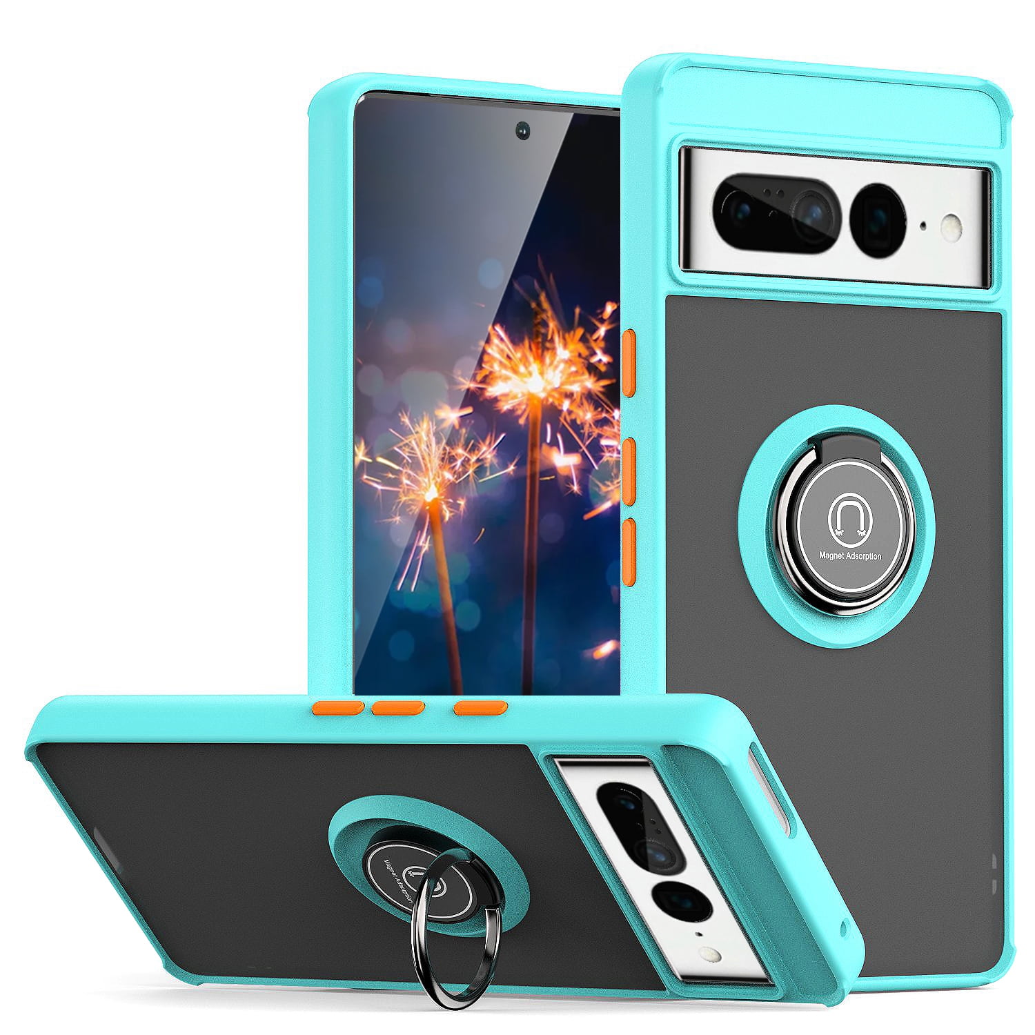 TJS for Google Pixel 7 Pro Phone Case, 360 Degrees Rotating Metal Ring Magnetic Support Kickstand Cover Case for Pixel 7 Pro (Blue)