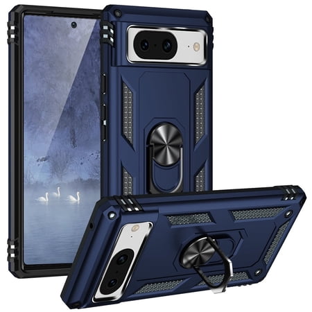 TJS for Google Pixel 8 Phone Case, Impact Resistant Metal Ring Magnetic Support Kickstand Drop Protector Cover (Blue)