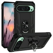 TJS for Google Pixel 9 / 9 Pro Phone Case, Impact Resistant Metal Ring Magnetic Support Kickstand Drop Protector Cover (Black)