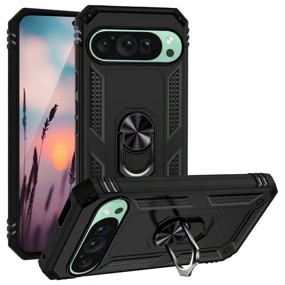 TJS for Google Pixel 9 / 9 Pro Phone Case, Impact Resistant Metal Ring Magnetic Support Kickstand Drop Protector Cover (Black)
