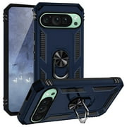 TJS for Google Pixel 9 / 9 Pro Phone Case, Impact Resistant Metal Ring Magnetic Support Kickstand Drop Protector Cover (Blue)