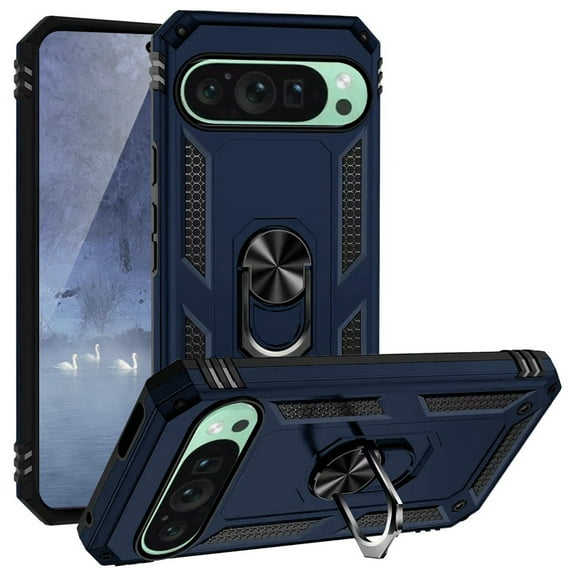 TJS for Google Pixel 9 / 9 Pro Phone Case, Impact Resistant Metal Ring Magnetic Support Kickstand Drop Protector Cover (Blue)