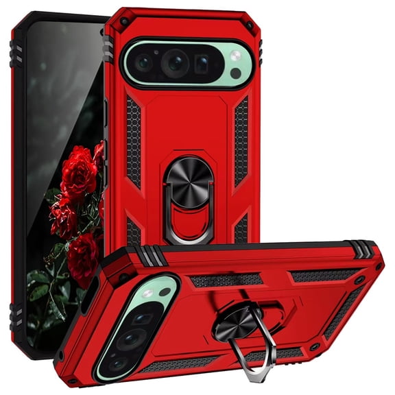 TJS for Google Pixel 9 / 9 Pro Phone Case, Impact Resistant Metal Ring Magnetic Support Kickstand Drop Protector Cover (Red)