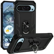 TJS for Google Pixel 9 Pro XL XL Version Only Phone Case, Impact Resistant Metal Ring Magnetic Support Kickstand Drop Protector Cover Black