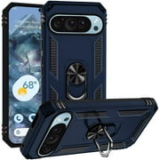 TJS for Google Pixel 9 Pro XL (XL Version Only) Phone Case, Impact Resistant Metal Ring Magnetic Support Kickstand Drop Protector Cover (Blue)