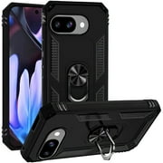 TJS for Google Pixel 9A Phone Case, Impact Resistant Hybrid Metal Ring Magnetic Support Kickstand Cover (Black)