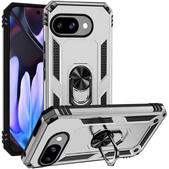 TJS for Google Pixel 9A Phone Case, Impact Resistant Hybrid Metal Ring Magnetic Support Kickstand Cover (Silver)