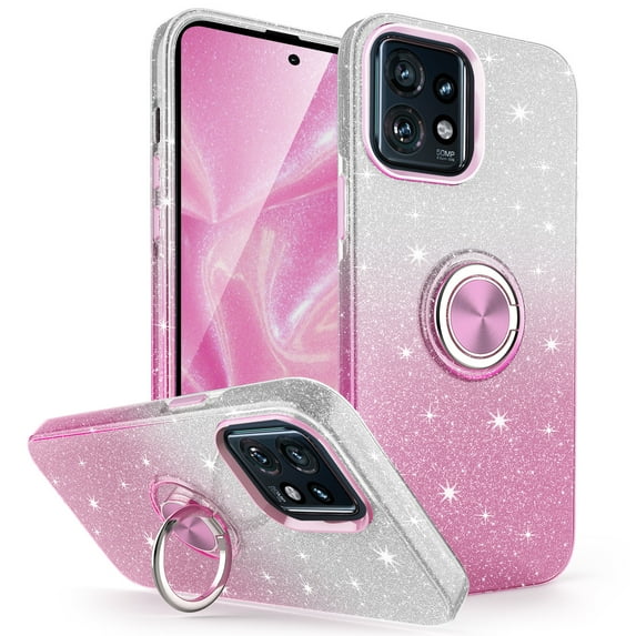TJS for Motorola Moto Edge Plus 2023 Phone Case, Two Tone Shinny Glitter Metal Ring Magnetic Support Kickstand Cover for Moto Edge Plus 2023 (Pink)
