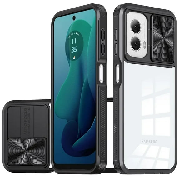 TJS for Motorola Moto G 5G 2024 Phone Case, Slide Camera Cover Full Body Bumper Protective Clear Cover (Black)