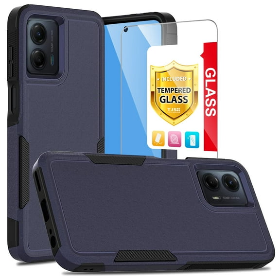 TJS for Motorola Moto G 5G (2024) Phone Case, with Tempered Glass Screen Protector, Heavy Duty Rugged Shockproof Full Body Protection Cover (Blue)