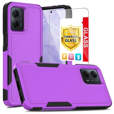 TJS for Motorola Moto G 5G (2024) Phone Case, with Tempered Glass Screen Protector, Heavy Duty Rugged Shockproof Full Body Protection Cover (Purple)