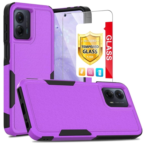 TJS for Motorola Moto G 5G (2024) Phone Case, with Tempered Glass Screen Protector, Heavy Duty Rugged Shockproof Full Body Protection Cover (Purple)
