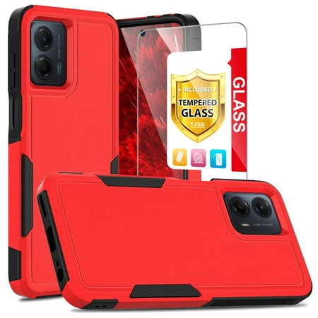 TJS for Motorola Moto G 5G (2024) Phone Case, with Tempered Glass Screen Protector, Heavy Duty Rugged Shockproof Full Body Protection Cover (Red)
