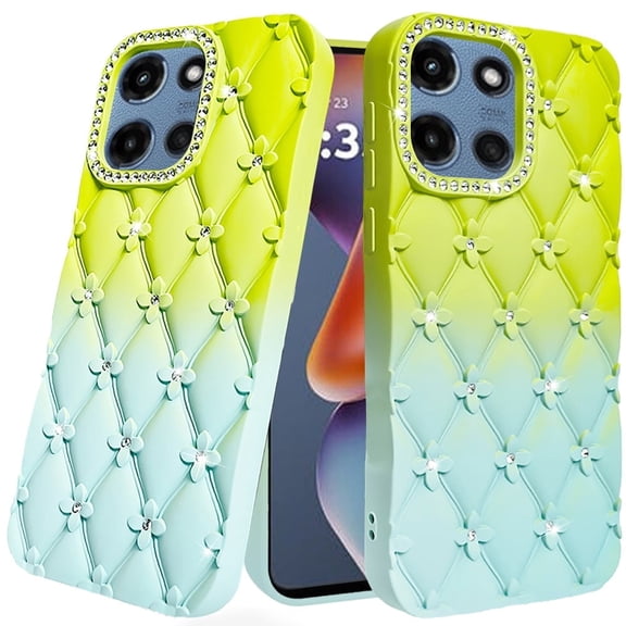 TJS for Motorola Moto G 5G 2025 / Moto G 2026 / Moto G Play 2026 Phone Case, Floral Joy Glitter Shimmer Leather Feel Thick TPU Cover (Light Green/Teal)