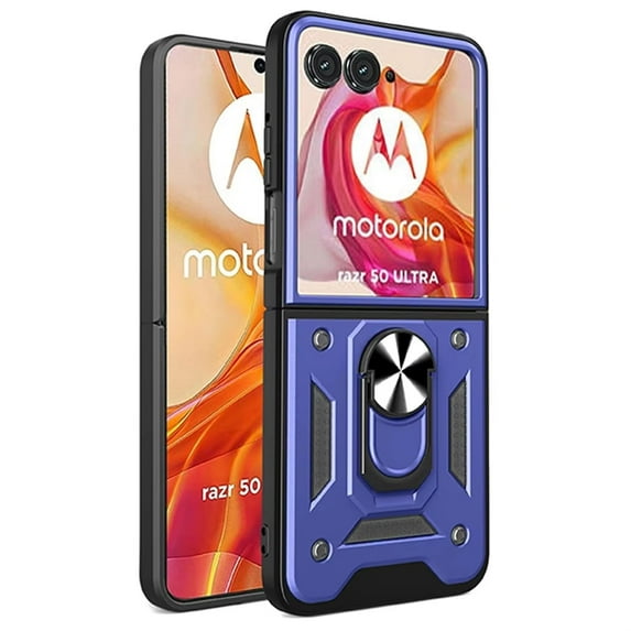 TJS for Motorola Razr 2024 Phone Case, Impact Resistant Metal Ring Magnetic Support Kickstand Drop Protector Cover for Moto Razr 2024 (Blue)