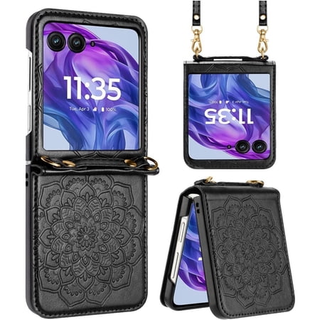 TJS Phone Case for Motorola Razr 2026/Razr 2025/Razr 2024, Mandala Flower Leather Protective Cover with Strap (Black)